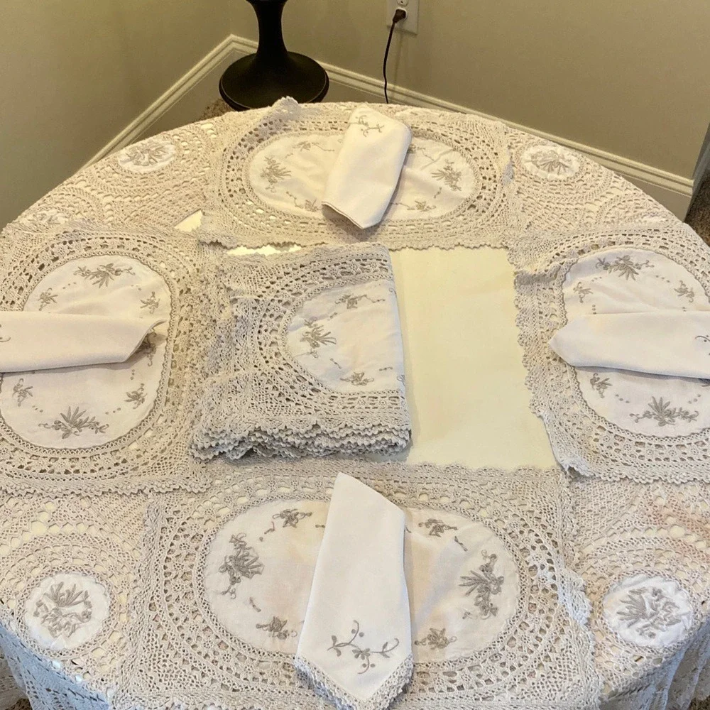 Crochet Round Tablecloth Placemat Napkin‎ Set for 10 Cottagecore French Country